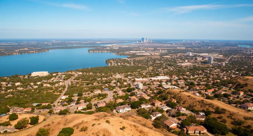 Aerial view of greater Austin and Travis County, including downtown skyline and Hill Country residential areas