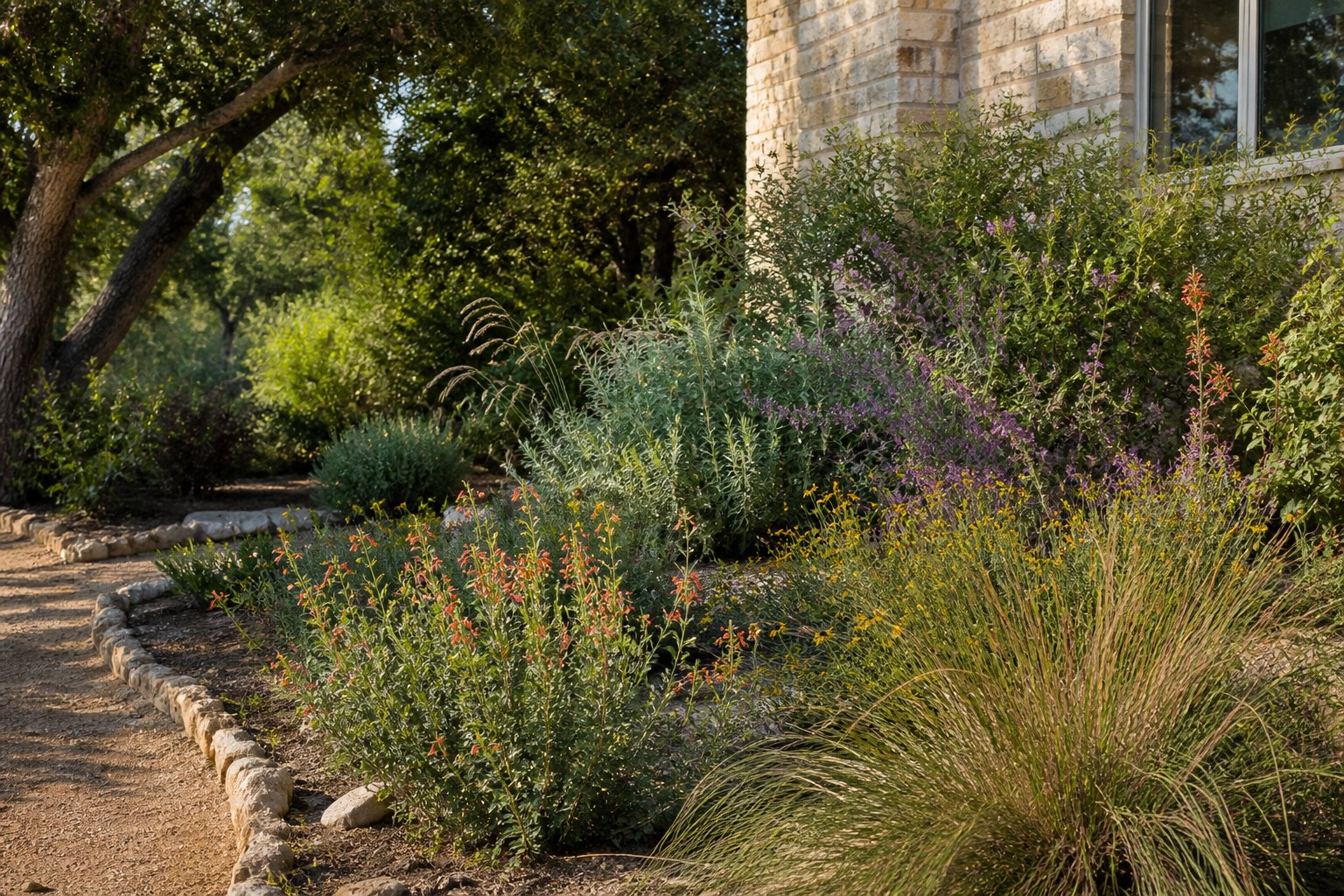 Central Texas native planting bed transitioning from live oak shade to full sun