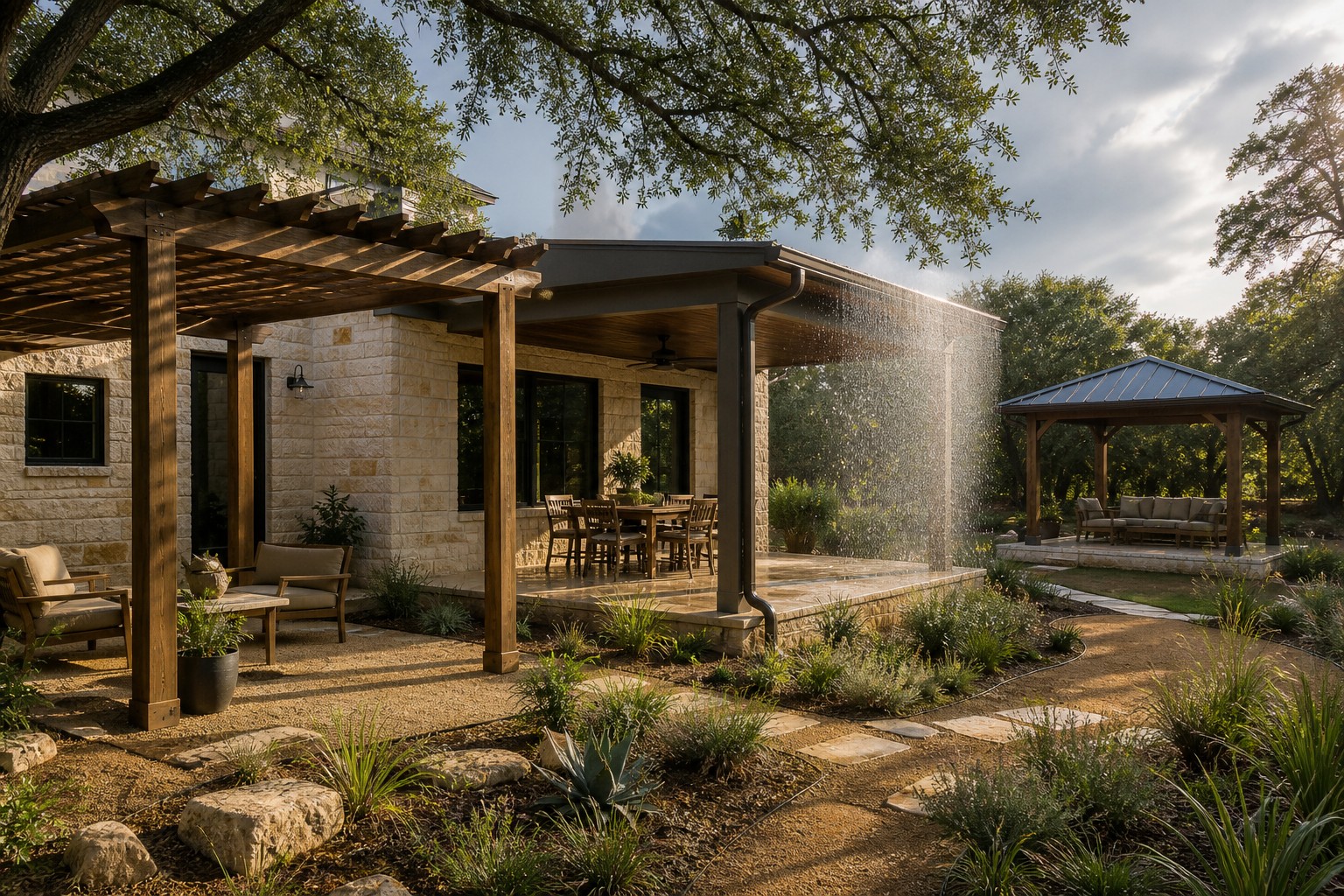 Austin backyard comparing an open pergola, attached solid-roof patio cover, and freestanding gazebo